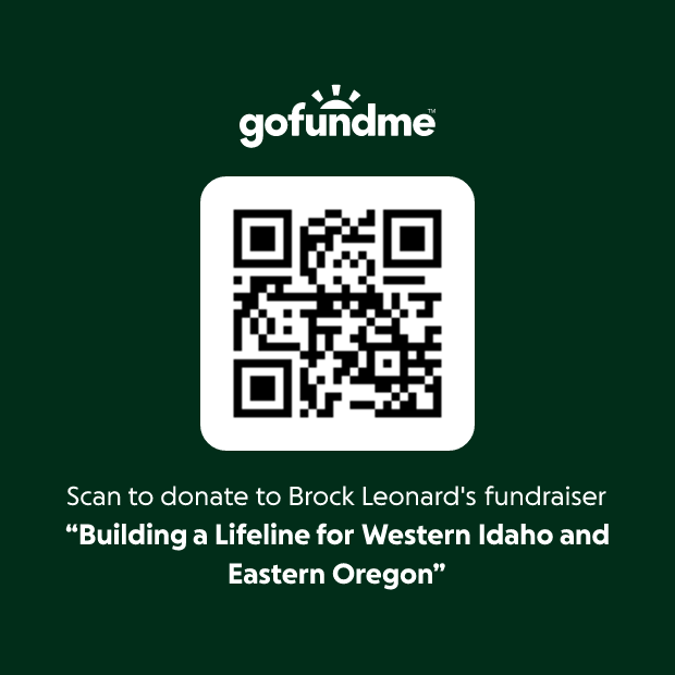 QR code linking to the Community Supply Link GoFundMe fundraiser, Building a Lifeline for Western Idaho and Eastern Oregon. Scan with a phone camera to open the donation page.